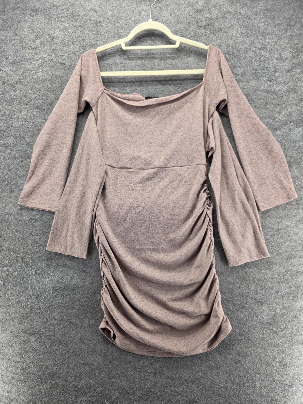 SBETRO Dress Womens S Pink Short Sweater Dress Square Neck 3/4 Flared Ruched